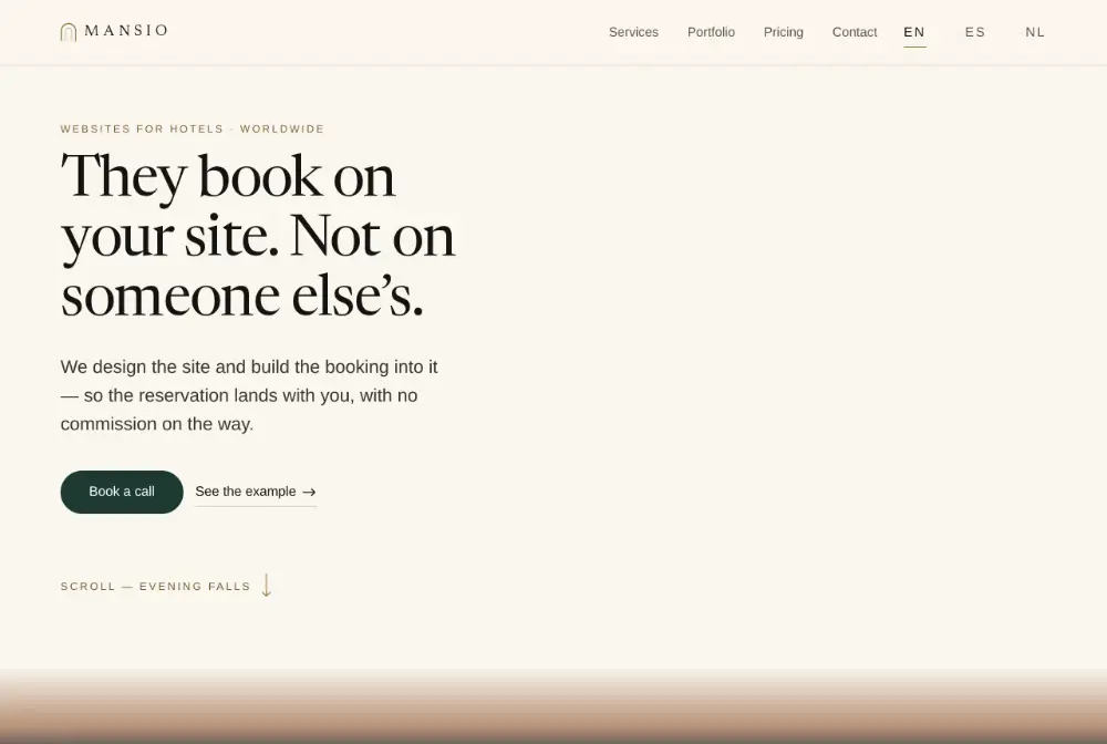The mansio.studio home page: the headline set in a roman face over cream, the green button for booking a call and the edge of the evening scene beginning below.